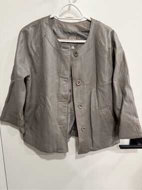 J Jill 100% Leather Gray Crop Jacket 3/4 Length Sleeves Women’s Size Small